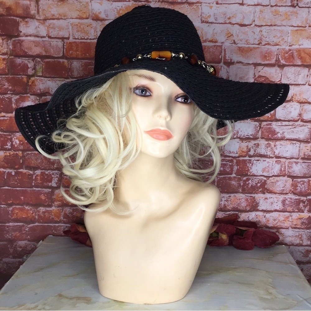 Strand Headware Black Oversized Amber Accented Floppy Beach Hat